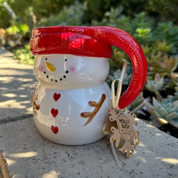 Holly & Joy Christmas Snowman mug heart buttons holiday cocoa bar coffee tea - Picture 6 of 7